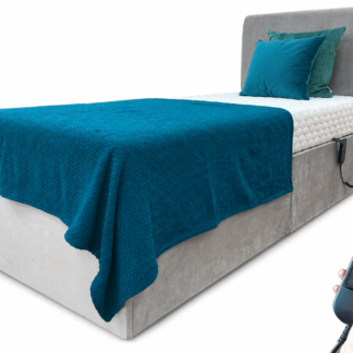 Varimatic Haddon adjustable bed upholstered in plush mole fabric with quilted mattress, teal bedding and handheld remote control in a modern bedroom setting.