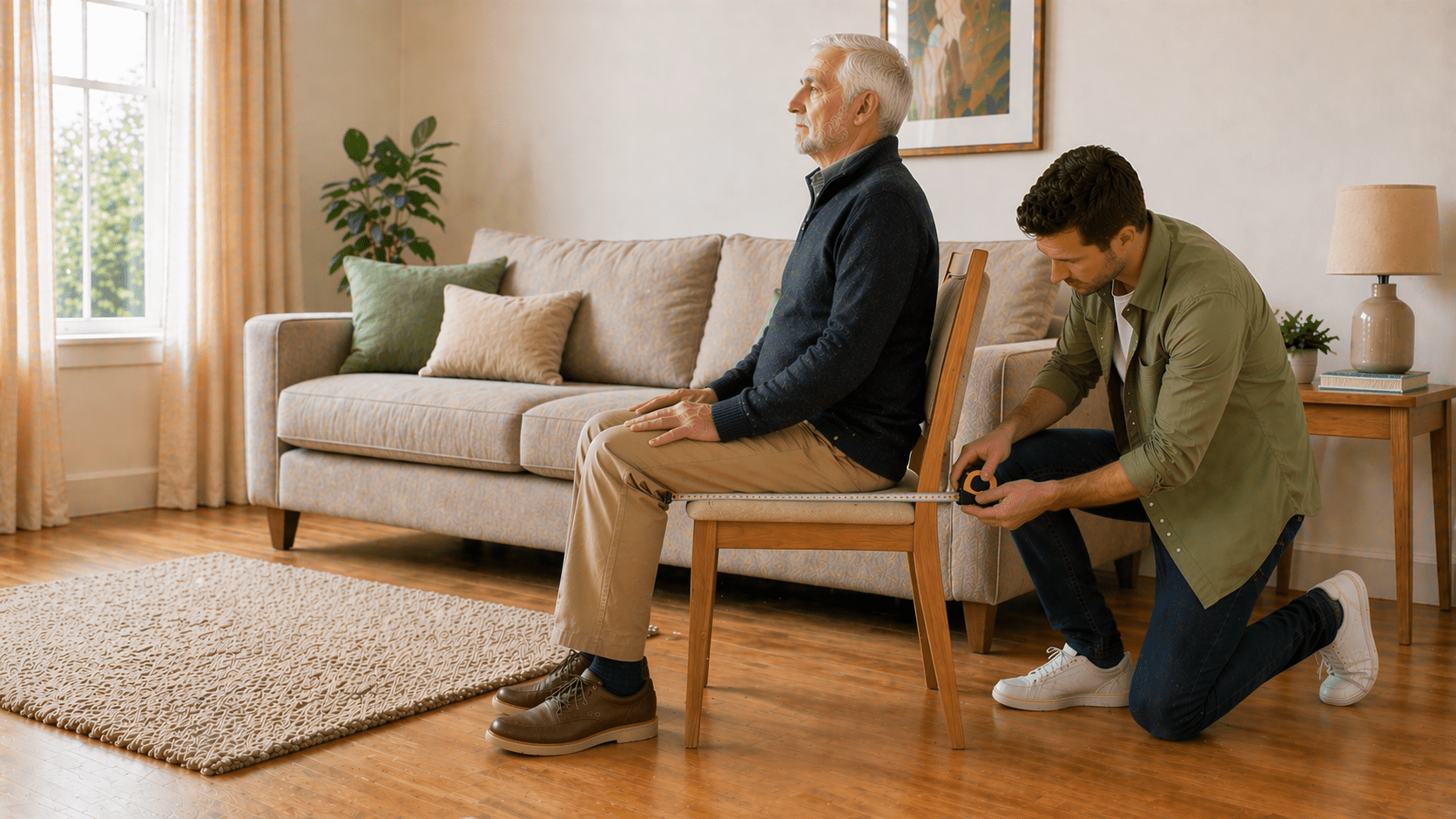 Measuring seat depth from back to knee while seated for a riser recliner chair