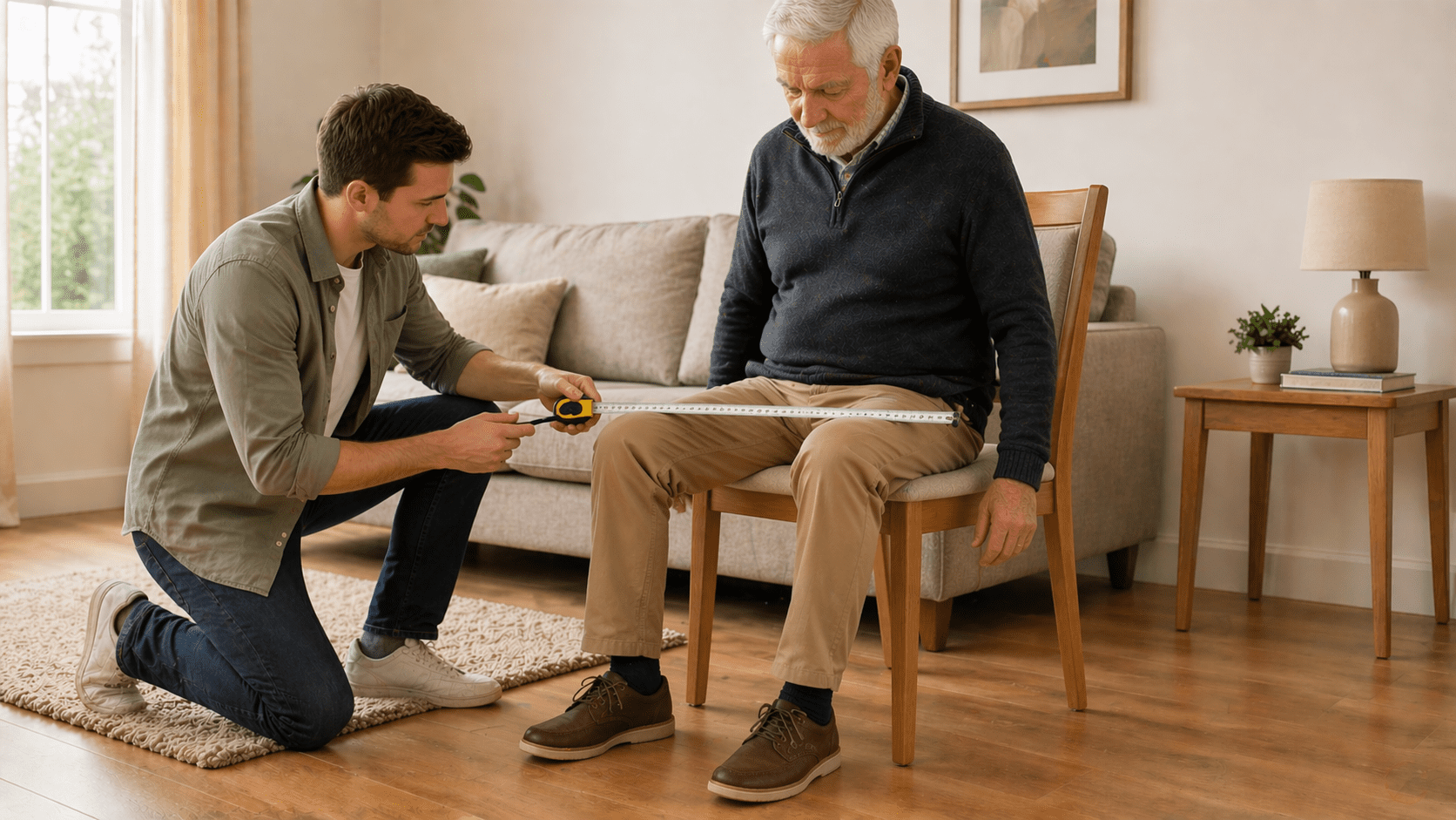 Measuring seat width across hips while seated for a riser recliner chair