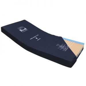 Pressure relieving static foam mattress with a waterproof cover and a cross section cut away to display the foam used
