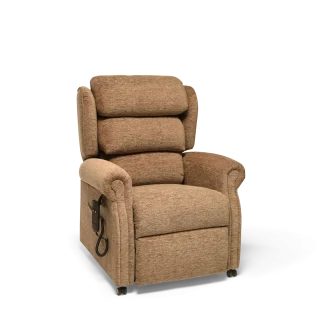 Newbury Express Riser Recliner in the upright position with a waterfall back cushion and scroll arms.