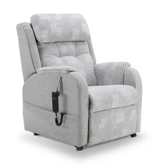 Repose Epsom Riser Recliner in Patchwork Mist inner and Dobby Mist outer fabric. Upright position