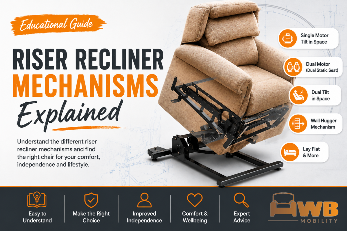 Illustration showing different riser recliner chair mechanisms including single tilt in space, dual motor, dual tilt in space, wall hugger and lay flat recliner options.