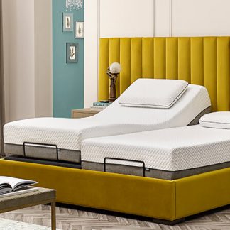 Versailles Adjustable Bed Dual size. Biscuit Velvet upholstery. 1 Mattress is elevated at the head and foot end and the other is flat.