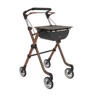 Rehasense Pixel Indoor Rollator in Toffee & Brown with tray and bag.