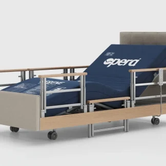 Opera Signature Comfort Plus profiling bed with oak side rails and linen head and footboard upholstery. Bed has an opera pressure care mattress with pu waterproof cover