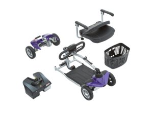 Motion Healthcare Evolite Scooter - in 5 separate parts for transportation. Basket, battery, base with tiller, back wheels and seat.