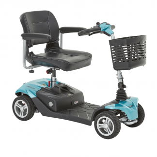 Motion Healthcare Airium Scooter - Teal, fully assembled, basket attached to the front, armrest lowered.