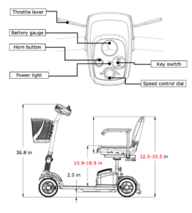 diagram of controls and dimensions of Alumina Scooter
