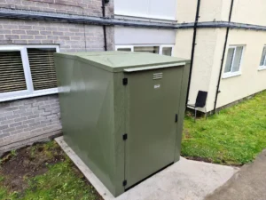 mobility scooter storage box placed on a concrete hard standing