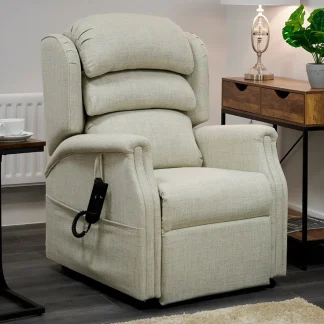 Repose Trio Riser Recliner in upright position with waterfall back cushion and contemporary slim arm design