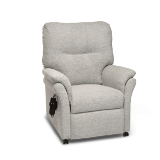 Recliners Wiltshire Riser Recliner - chair is in the upright seated position with handset attached to fabric loop on the right sitting side of the outside arm