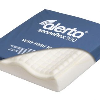 Image shows the Alerta Sensaflex 300 Cushion in a blue waterproof stretch cover with a cut out revealing the white foam base within.