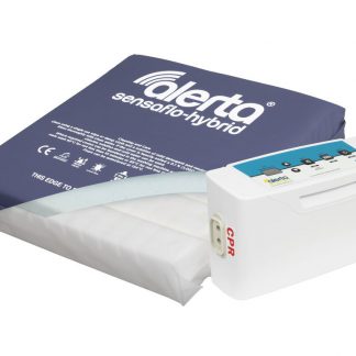 Alerta Sensaflo Hybrid Cushion comes with a pump. Image shows the pump and the cushion with a waterproof cover, peeled back to reveal the white foam within