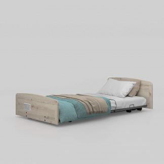 Aidacare FL250 Floorline Bed with bedding on and bed ends. Bed is flat in its lowest position