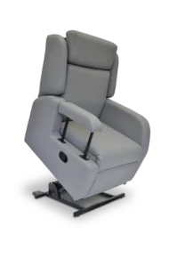 Riser Recliner Chair with Vapour Permeable fabrics in the rise position with a drop arm - used in the Holidays for Disabled People blog post 