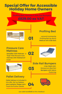 Yellow graphic detailing a special offer for a profiling bed starter pack for the blog post Holidays for Disabled People
