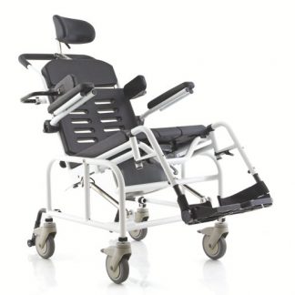 Aqua Tilt-in-Space Shower Chair unoccupied, in a slightly tilted position with head rest, lateral supports and armrests fitted. Chair is black with white steel frame.