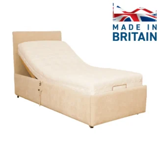 Rise&Recline Blenheim Adjustable Bed - Single bed with the back rest elevated and the legrest horizontal. Made in Britain logo in the top right of the image on an otherwise white background
