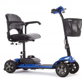Motion eTravel Mobility Scooter - fully assembled, side view, blue.