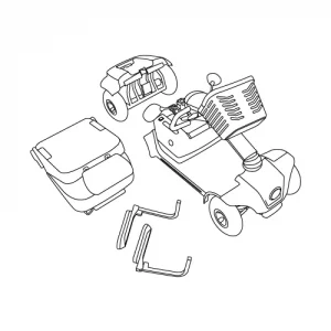 Diagram shows the various parts that the emove 8 scooter breaks down into when disassembled. 