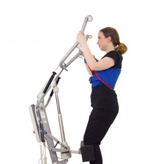 Woman using the Prism Standing Support Sling with a stand aid.