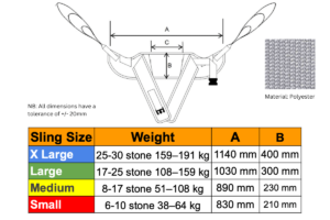 Diagram showing specifications and dimensions of the Prism Standing Support Sling
