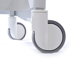 close up of the castors on a shower trolley