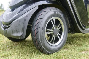 close up of the wheel on the Xplorer Cabin Car