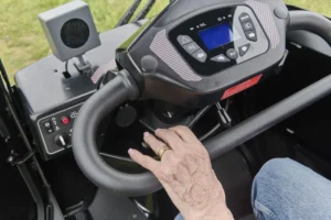 close up of the delta handlebars and digital display on the Motion Xplorer