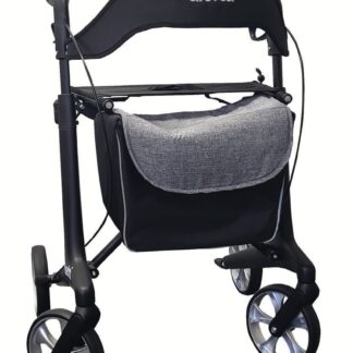 Alerta Carbon Ultra-Lite Rollator in Satin Black. Bag is attached to the front. 4 wheels. White background