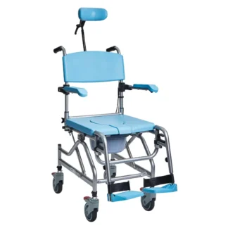 Alerta Aqua Community Shower Chair - sky blue chair on white background. Upright position