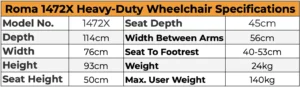A table listing all the specifications for the Roma 1472X Heavy-Duty Wheelchair
