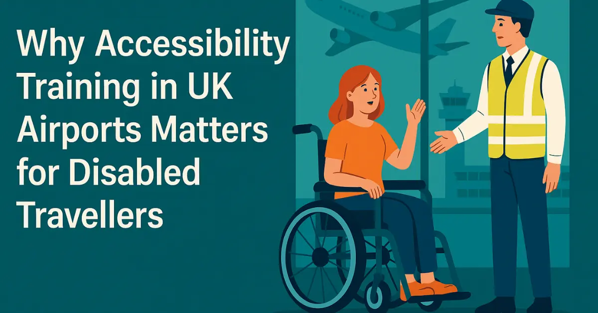 an illustrations of a lady in a wheelchair talking to a member of staff at an airport with the words, Why Accessibility Training in UK Airports Matters for Disabled Travellers