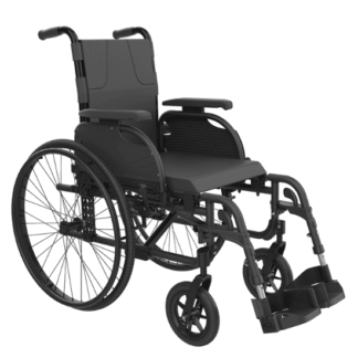 Aspire Evoke 2 Wheelchair, fully assembled. Wheelchair is black, pictured on a white background.
