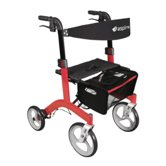 Aspire Stride Seat Walker in Red, fully assembled with utility bag attached with back support. White background.