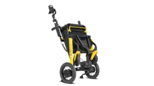 Atom Power Electric Wheelchair being folded and stood upright.
