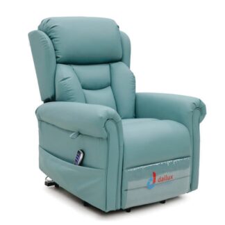 Teal upholstered healthcare riser recliner chair shown in upright seated position