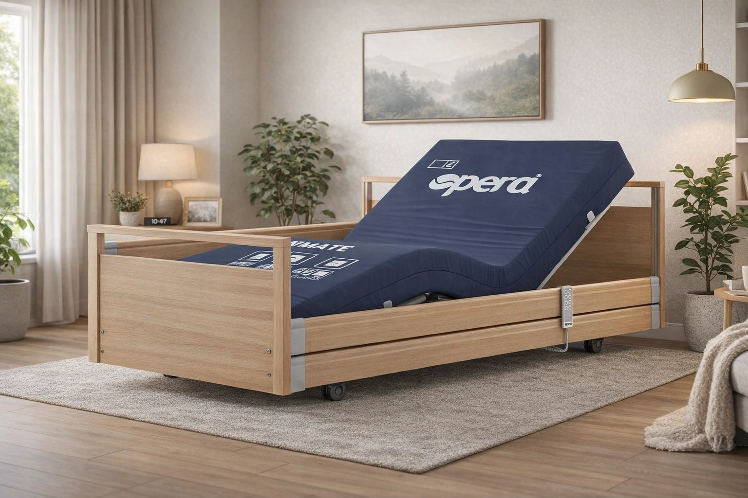 Adjustable profiling bed in a comfortable domestic bedroom supporting safer independent living at home