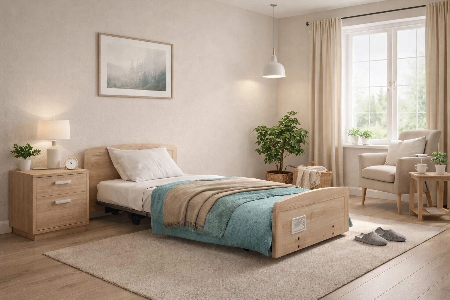 Adjustable profiling bed in a comfortable domestic bedroom supporting safer independent living at home