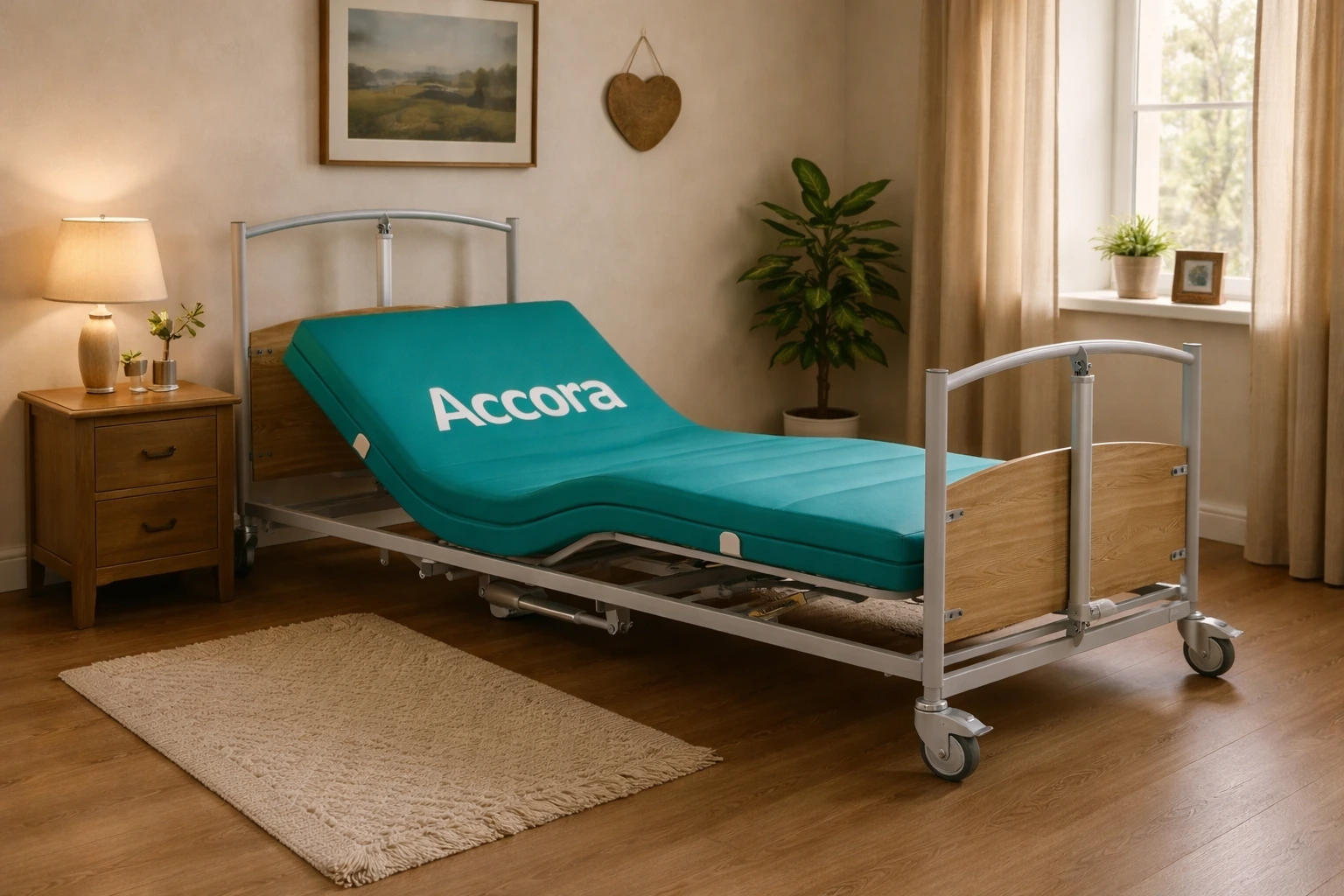 Adjustable profiling bed in a comfortable domestic bedroom supporting safer independent living at home