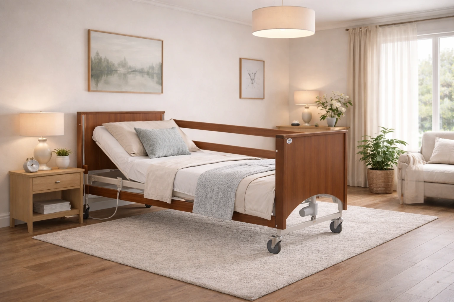 Adjustable profiling bed in a comfortable domestic bedroom supporting safer independent living at home