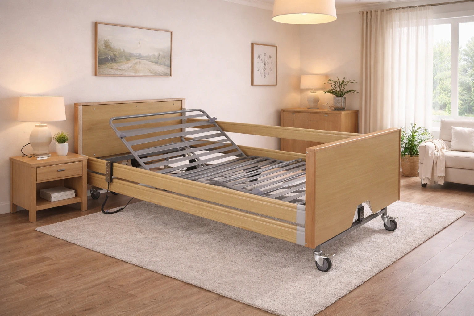 Adjustable profiling bed in a comfortable domestic bedroom supporting safer independent living at home