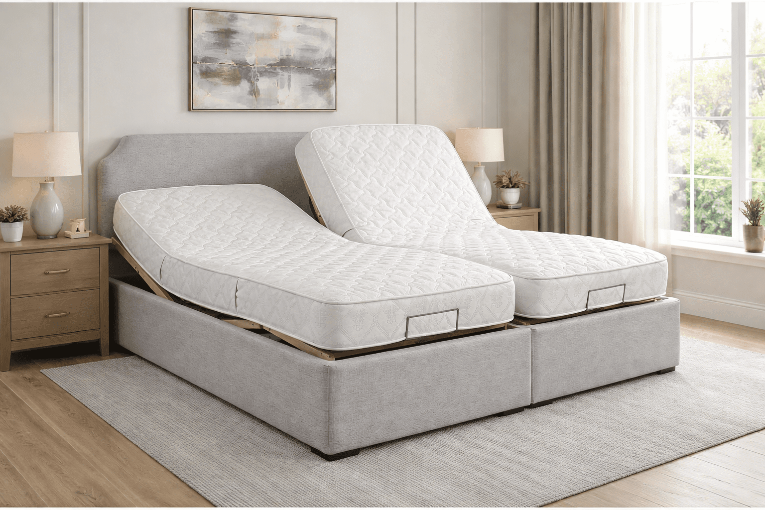 Dual adjustable bed allowing independent positioning for two users