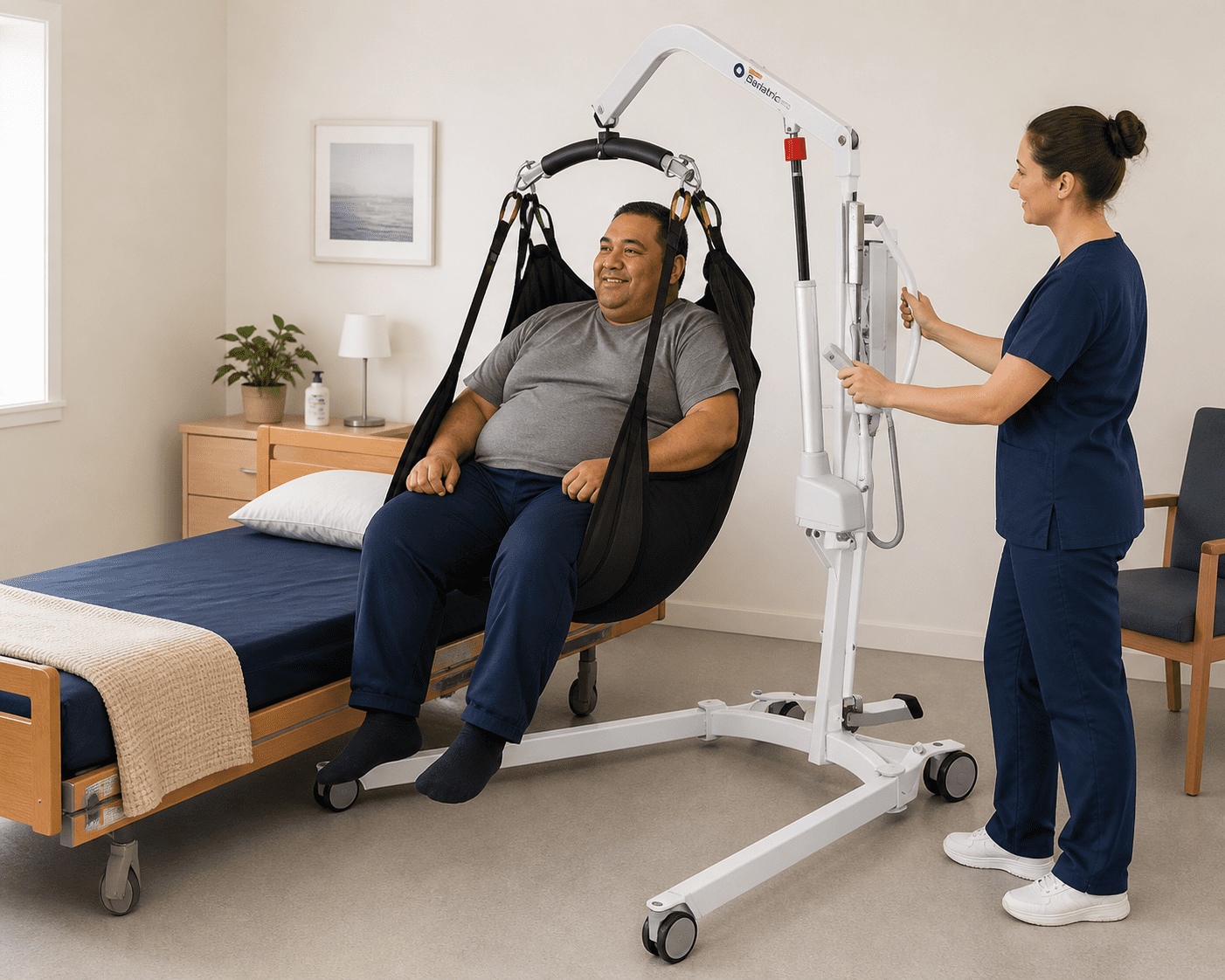 Bariatric hoist supporting a safe patient transfer with carer assistance at home