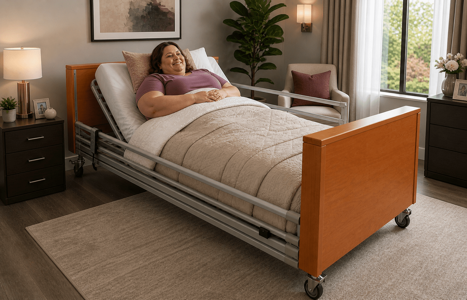 Bariatric profiling bed in a home setting providing adjustable support and comfort