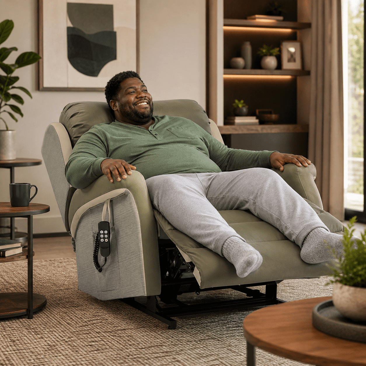 Bariatric riser recliner chair providing wide supportive seating in a living room