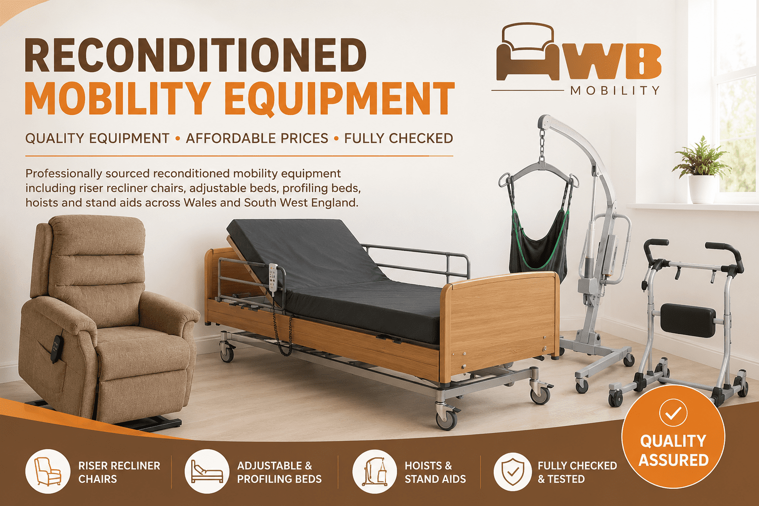 Reconditioned mobility equipment including riser recliner chairs, profiling beds, hoists and stand aids supplied across Wales and South West England by HWB Mobility.