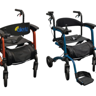 Alerta Powered Rollator shown as a rollator and transport chair in blue and orange