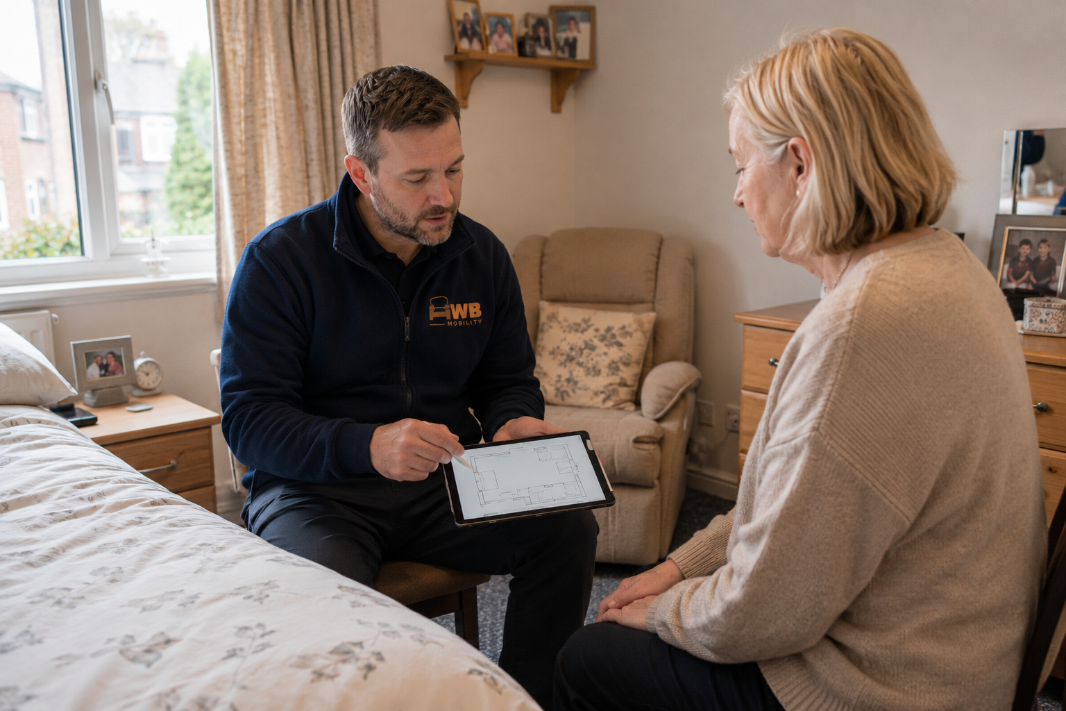 HWB Mobility surveyor discussing ceiling hoist installation options with a homeowner during a bedroom assessment